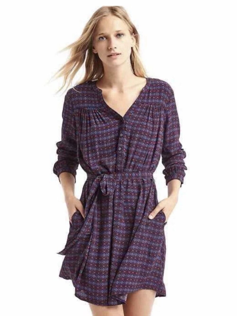 Gap geometric print blue long-sleeved shirt dress